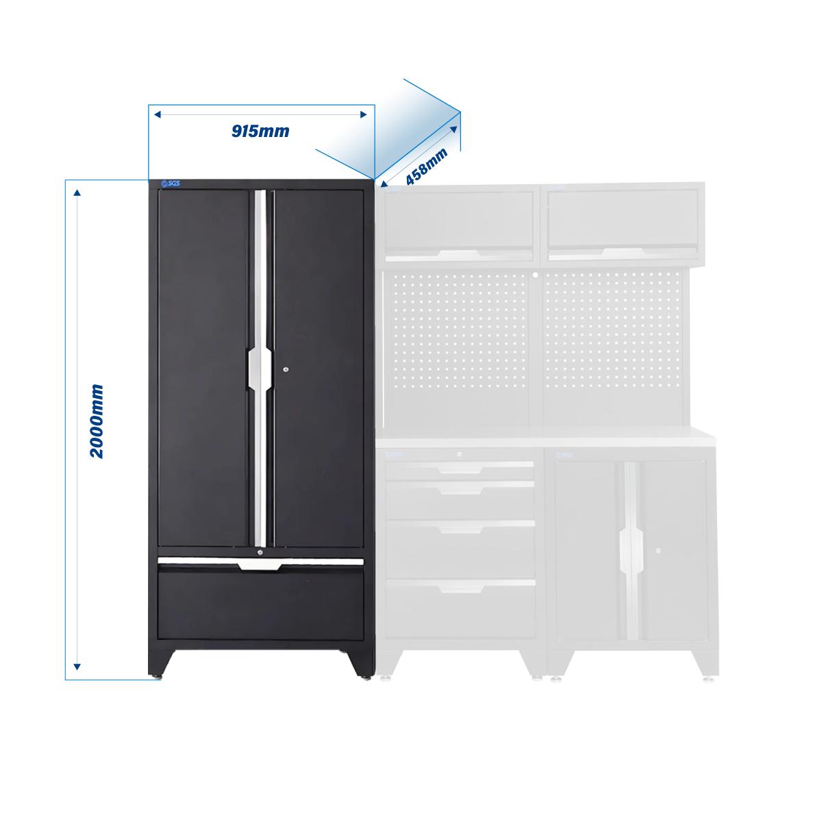 SGS 7pc Garage Storage System | 4 Drawers | Stainless Steel Worktop | Floor Cabinet | 2x Upper Cabinets | Tall Double Cabinet with Drawer